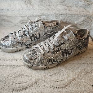 Miu Miu Women’s Silver Glitter Graffiti Logo Low Top Sneakers Size EU 42